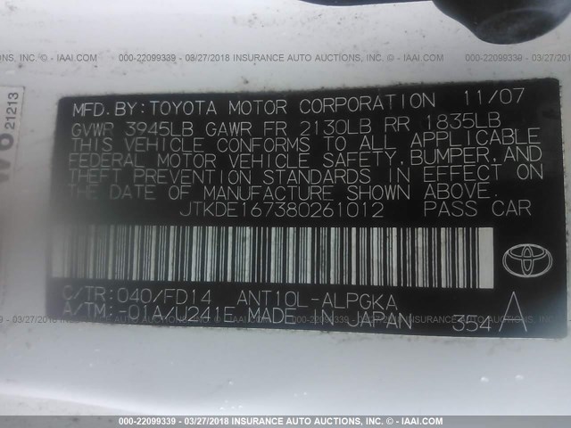 JTKDE167380261012 - 2008 TOYOTA SCION TC 白色 照片 9