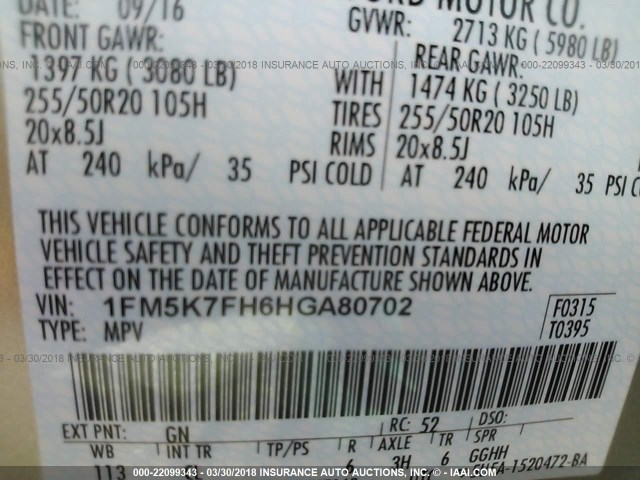 1FM5K7FH6HGA80702 - 2017 FORD EXPLORER LIMITED 米色 照片 9