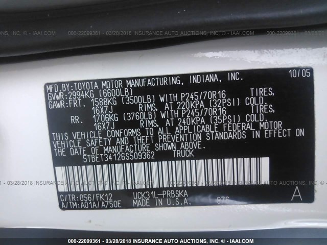 5TBET34126S509362 - 2006 TOYOTA TUNDRA DOUBLE CAB SR5 WHITE photo 9