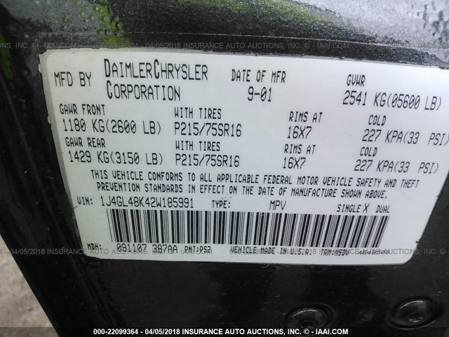 1J4GL48K42W185991 - 2002 JEEP LIBERTY SPORT 灰色 照片 9