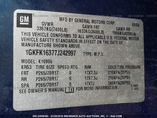 1GKFK16377J242997 - 2007 GMC YUKON XL K1500 Dark Blue photo 9