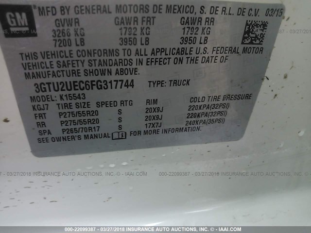 3GTU2UEC6FG317744 - 2015 GMC SIERRA K1500 SLE WHITE photo 9