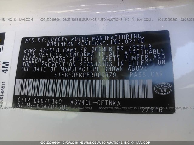 4T4BF3EK8BR089879 - 2011 TOYOTA CAMRY SE/LE/XLE Белый фото 9