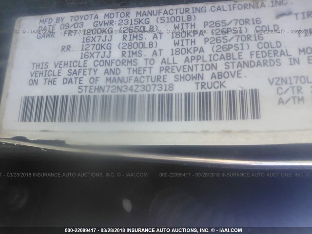 5TEHN72N34Z307318 - 2004 TOYOTA TACOMA DOUBLE CAB შავი ფოტო 9