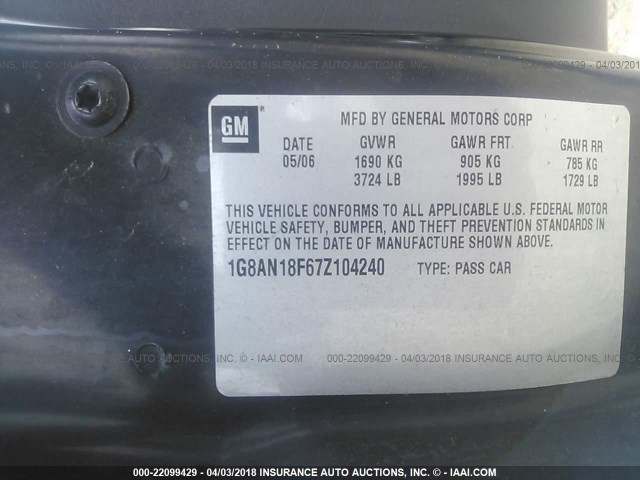 1G8AN18F67Z104240 - 2007 SATURN ION LEVEL 2 SILVER photo 9