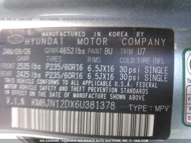 KM8JN12DX6U381378 - 2006 HYUNDAI TUCSON GLS/LIMITED მწვანე ფოტო 9