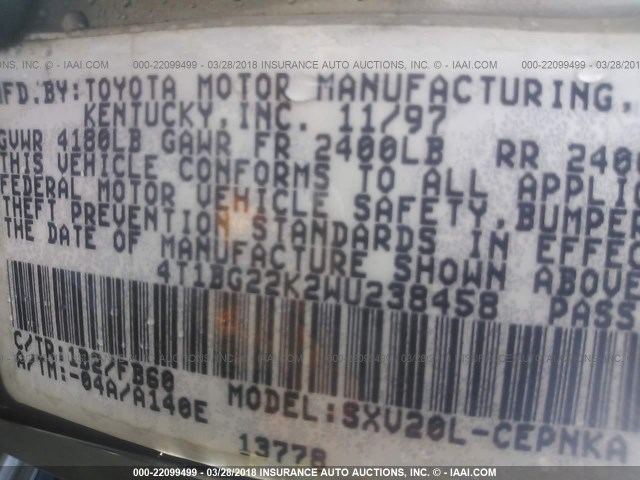 4T1BG22K2WU238458 - 1998 TOYOTA CAMRY CE/LE/XLE 灰色 照片 9