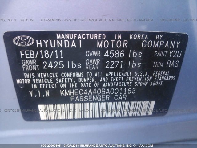 KMHEC4A40BA001163 - 2011 HYUNDAI SONATA HYBRID Light Blue photo 9