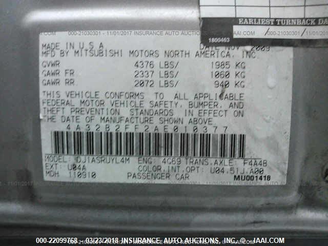 4A32B2FF2AE010377 - 2010 MITSUBISHI GALANT FE SILVER photo 9