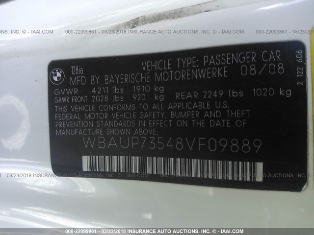 WBAUP73548VF09889 - 2008 BMW 128 I WHITE photo 9