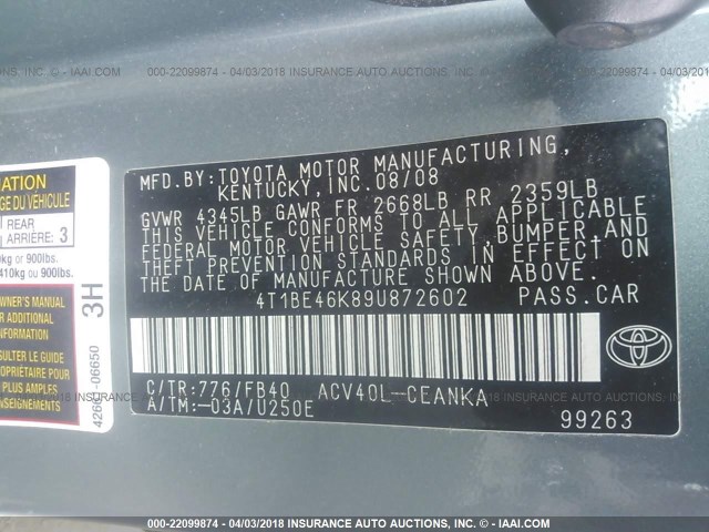 4T1BE46K89U872602 - 2009 TOYOTA CAMRY SE/LE/XLE GREEN photo 9