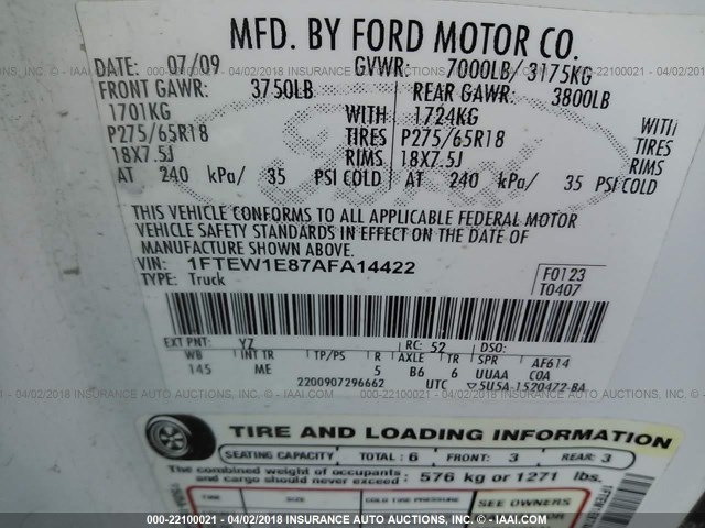 1FTEW1E87AFA14422 - 2010 FORD F150 SUPERCREW WHITE photo 9