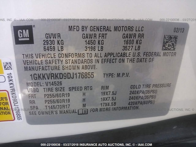 1GKKVRKD9DJ176855 - 2013 GMC ACADIA SLT-1 Blanc photo 9