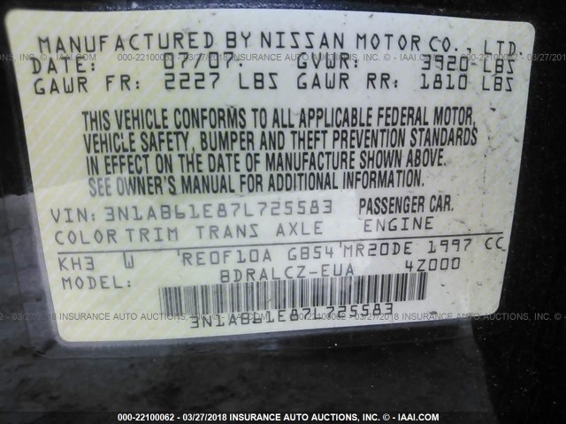 3N1AB61E87L725583 - 2007 NISSAN SENTRA 2.0/2.0S/2.0SL BLACK photo 9