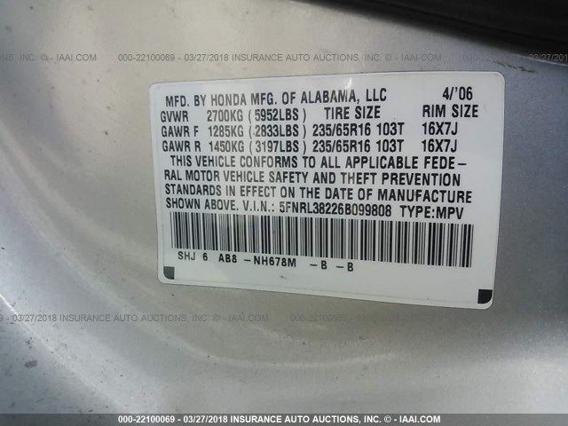 5FNRL38226B099808 - 2006 HONDA ODYSSEY LX SILVER photo 9