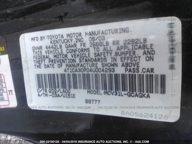 4T1CA30P04U004293 - 2004 TOYOTA CAMRY SOLARA SE/SLE შავი ფოტო 9