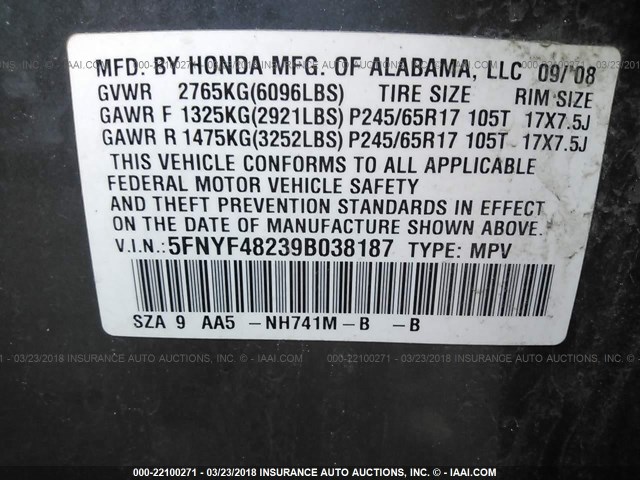 5FNYF48239B038187 - 2009 HONDA PILOT LX GRAY photo 9