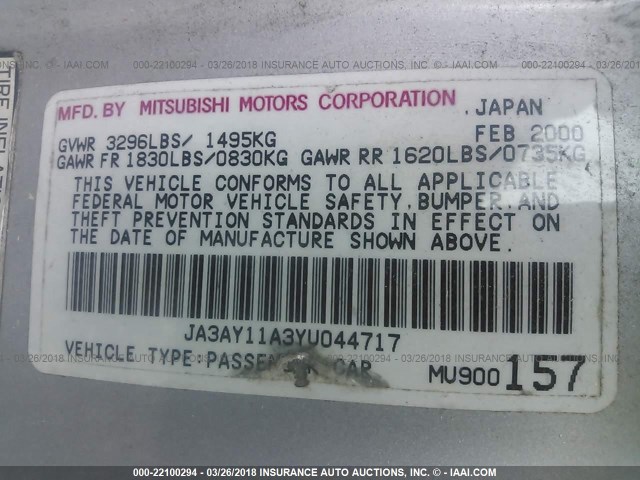 JA3AY11A3YU044717 - 2000 MITSUBISHI MIRAGE DE SILVER photo 9