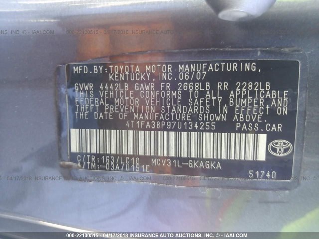 4T1FA38P97U134255 - 2007 TOYOTA CAMRY SOLARA SE/SLE ნაცრისფერი ფოტო 9