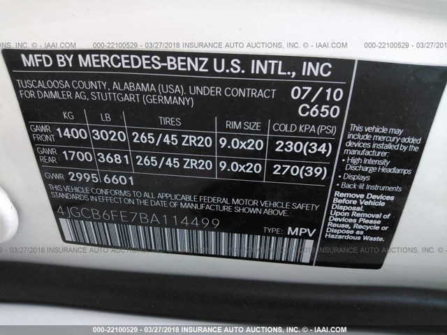 4JGCB6FE7BA114499 - 2011 MERCEDES-BENZ R 350 4MATIC WHITE photo 9