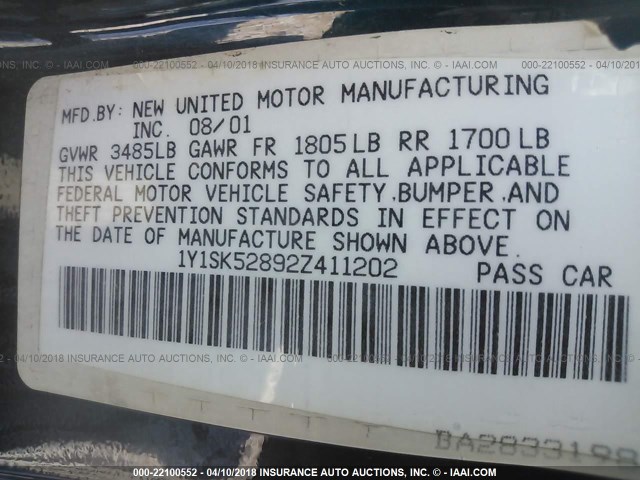 1Y1SK52892Z411202 - 2002 CHEVROLET GEO PRIZM LSI 蓝色 照片 9