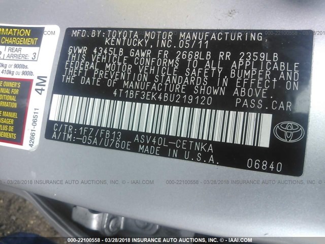4T1BF3EK4BU219120 - 2011 TOYOTA CAMRY SE/LE/XLE SILVER photo 9