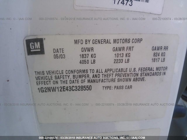 1G2NW12E43C328550 - 2003 PONTIAC GRAND AM GT WHITE photo 9