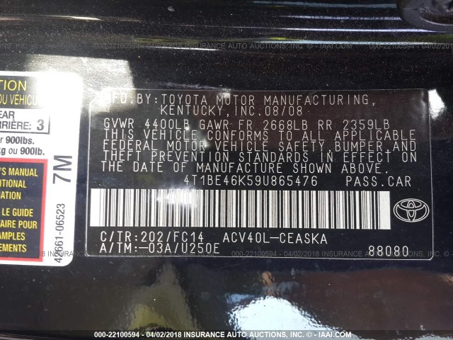 4T1BE46K59U865476 - 2009 TOYOTA CAMRY SE/LE/XLE BLACK photo 9