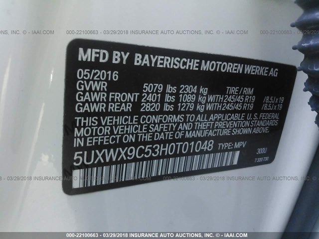 5UXWX9C53H0T01048 - 2017 BMW X3 XDRIVE28I WHITE photo 9