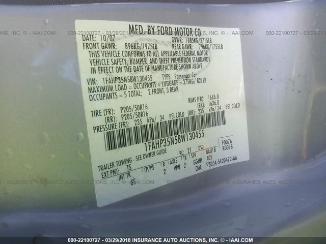 1FAHP35N58W130455 - 2008 FORD FOCUS SE/SEL/SES SILVER photo 9