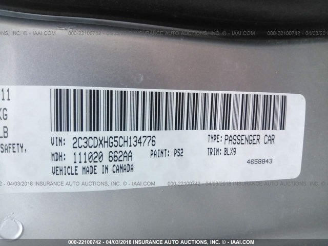 2C3CDXHG5CH134776 - 2012 DODGE CHARGER SXT SILVER photo 9