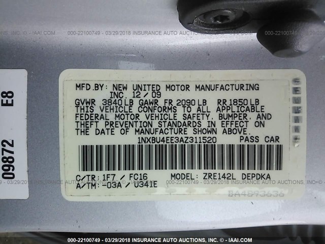 1NXBU4EE3AZ311520 - 2010 TOYOTA COROLLA S/LE/XLE SILVER photo 9