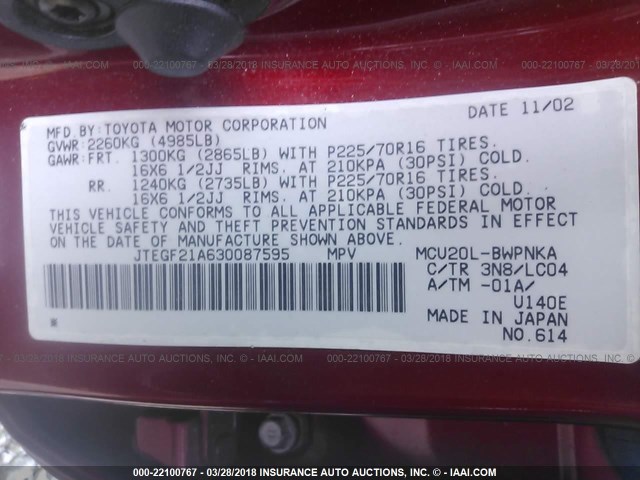 JTEGF21A630087595 - 2003 TOYOTA HIGHLANDER LIMITED RED photo 9