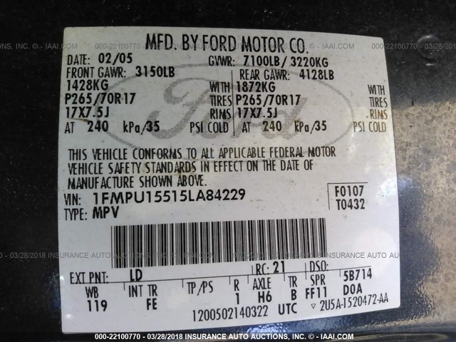 1FMPU15515LA84229 - 2005 FORD EXPEDITION XLT Blau Foto 9