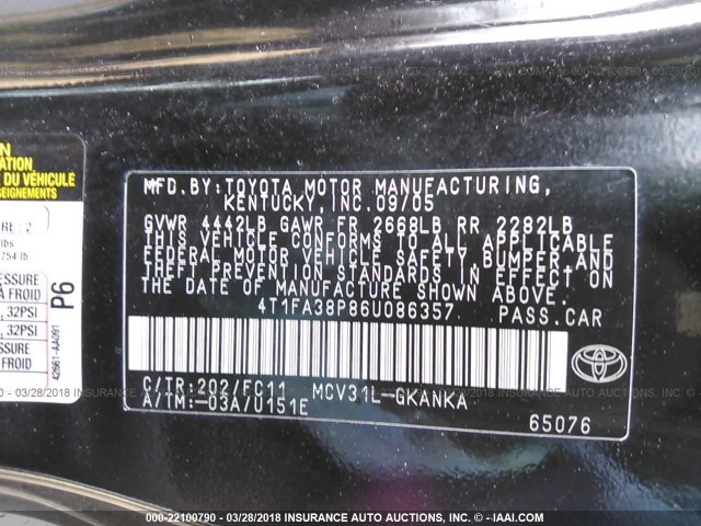 4T1FA38P86U086357 - 2006 TOYOTA CAMRY SOLARA SE/SLE შავი ფოტო 9