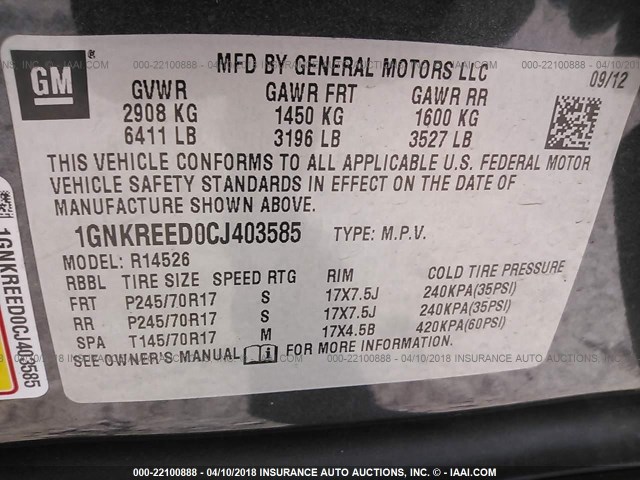 1GNKREED0CJ403585 - 2012 CHEVROLET TRAVERSE LS GRAY photo 9