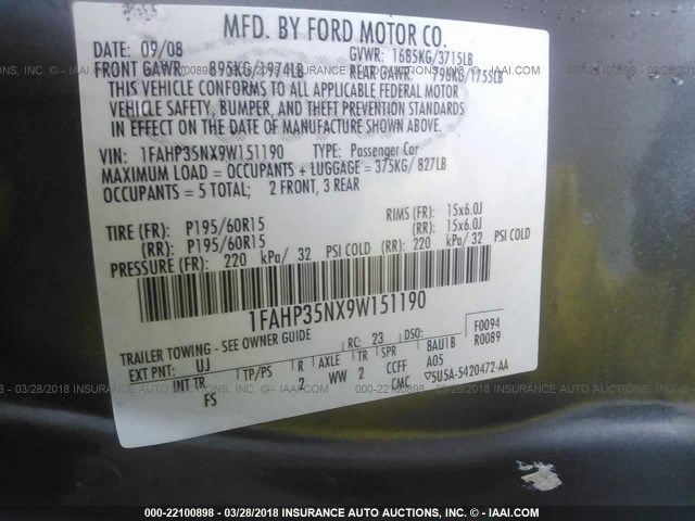 1FAHP35NX9W151190 - 2009 FORD FOCUS SE ნაცრისფერი ფოტო 9