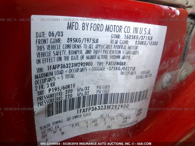 1FAFP36323W292900 - 2003 FORD FOCUS SE/SE SPORT/ZTW RED photo 9