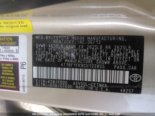 4T1BF1FK9CU122855 - 2012 TOYOTA CAMRY SE/LE/XLE GOLD photo 9