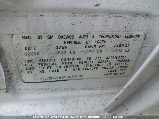 KL1TD56E99B660905 - 2009 CHEVROLET AVEO LS/LT 白色 照片 9