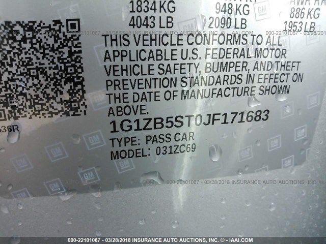 1G1ZB5ST0JF171683 - 2018 CHEVROLET MALIBU LS SILVER photo 9