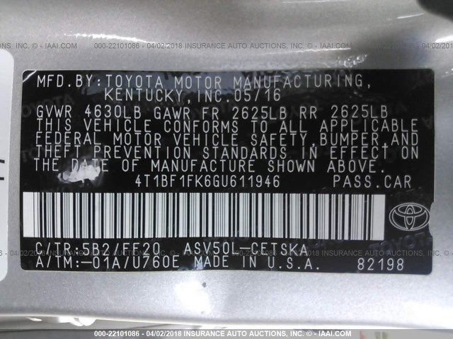 4T1BF1FK6GU611946 - 2016 TOYOTA CAMRY LE/XLE/SE/XSE BEIGE photo 9