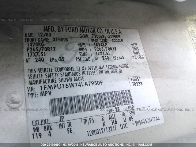 1FMPU16W74LA79509 - 2004 FORD EXPEDITION XLT ნაცრისფერი ფოტო 9