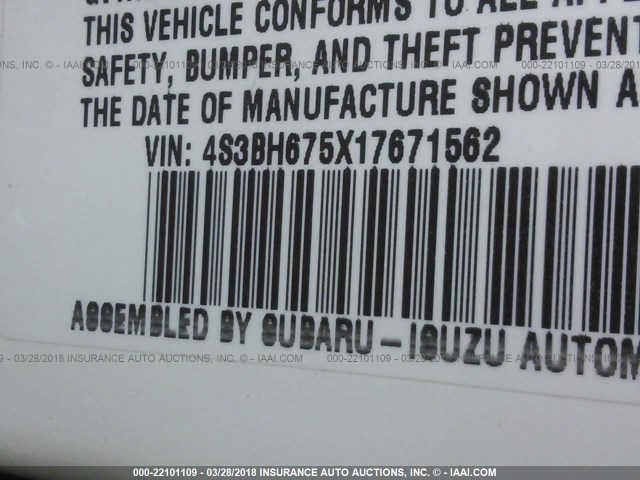 4S3BH675X17671562 - 2001 SUBARU LEGACY OUTBACK AWP WHITE photo 9