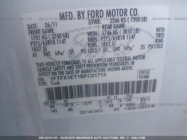 1FTFX1ET1BFC01713 - 2011 FORD F150 SUPER CAB WHITE photo 9