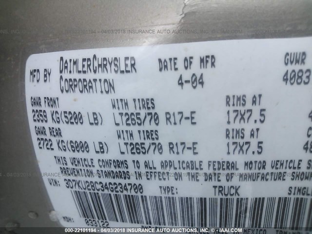 3D7KU28C34G234700 - 2004 DODGE RAM 2500 ST/SLT 棕色 照片 9