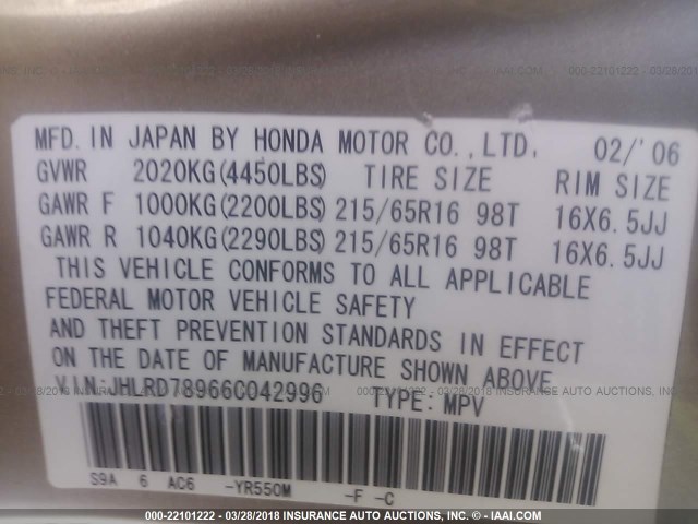 JHLRD78966C042996 - 2006 HONDA CR-V SE/EX TAN photo 9