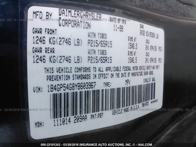 1B4GP54G8YB603967 - 2000 DODGE GRAND CARAVAN LE BLUE photo 9