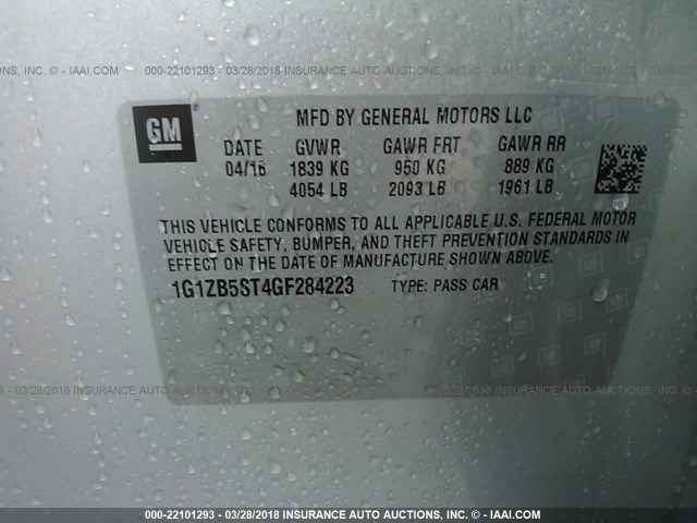 1G1ZB5ST4GF284223 - 2016 CHEVROLET MALIBU LS SILVER photo 9