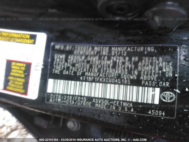 4T1BF1FKXCU045185 - 2012 TOYOTA CAMRY SE/LE/XLE BLACK photo 9